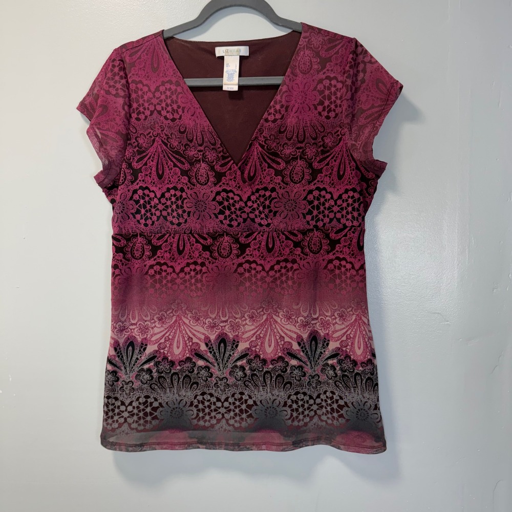 Lizwear Womens Y2K Pink Purple Paisley Mesh V-Neck Cap Sleeve Ombre Blouse Large